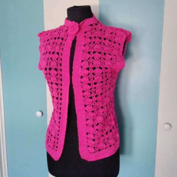 Handmade Crochet Hot Pink Vest w/ Crochet Flower - Picture 4 of 9